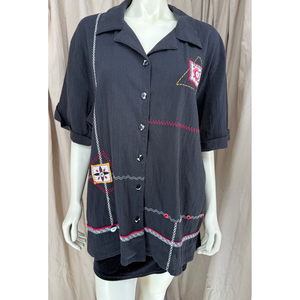 Vintage 90s Koret 24W Art to Wear Patchwork Embroidered Black Button Shirt